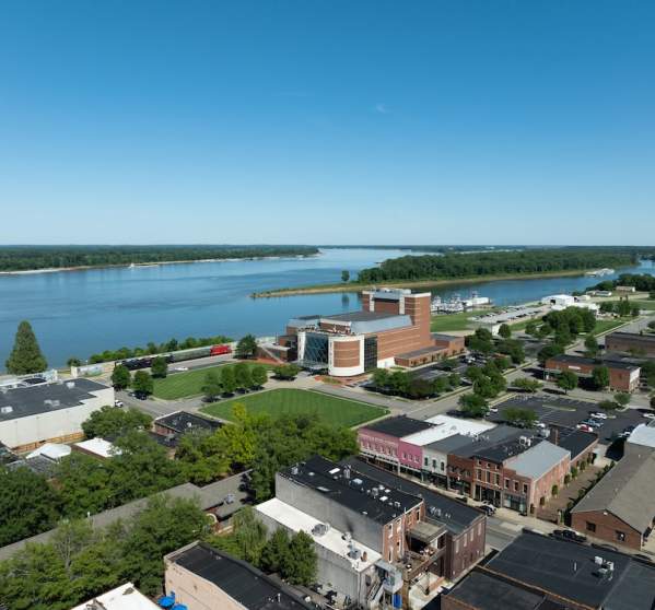 An aerial view of downtown Paducah with the Ohio and Tennessee rivers in the background.