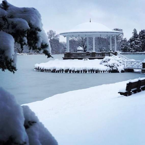 Snow on Hiawatha Lake and gazebo in Onondaga Park