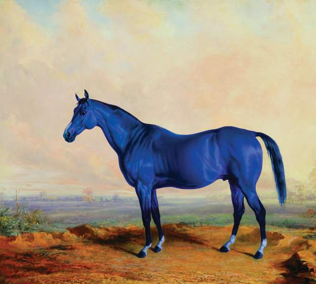 Painted portrait of Big Lex - a large, vibrantly blue horse.