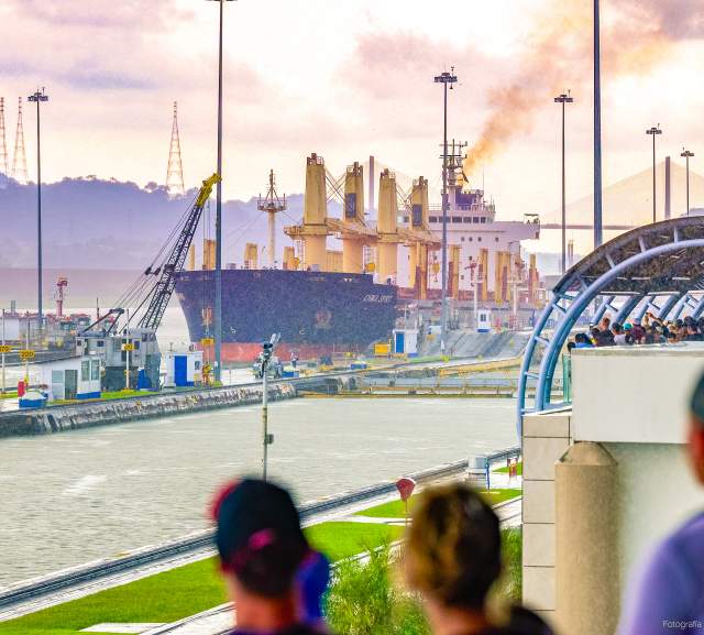Visitors at the Miraflores Locks on the Panama Canal, Panama City, Panama Canal, Panama