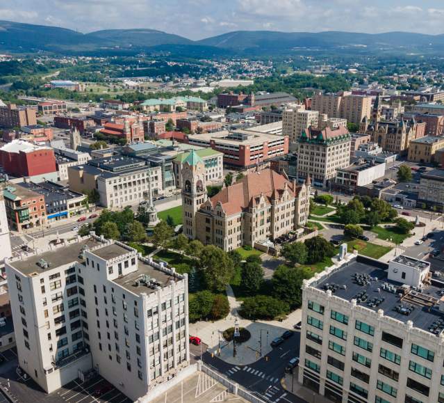 An aerial shot of Courthouse Square in Downtown Scranton, PA