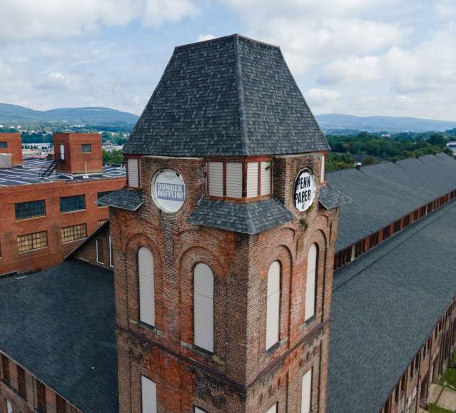 Dunder Mifflin signage on the Penn Paper tower in Scranton, PA