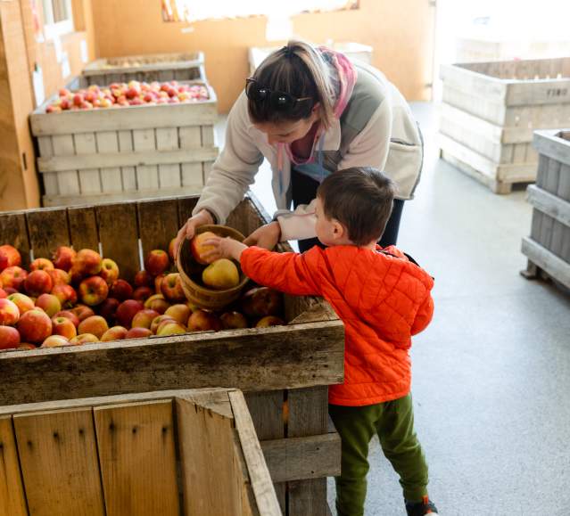 Mom & Child selecting apples at Ritter's Cider Mill