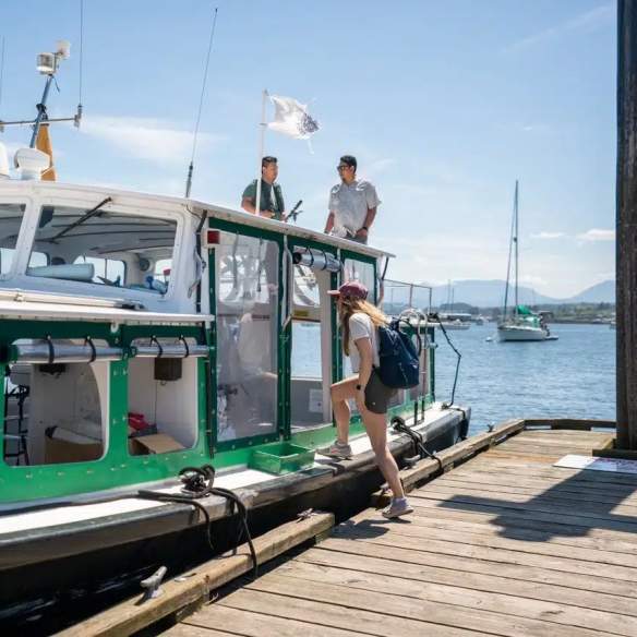 A person boarding a small ferry.