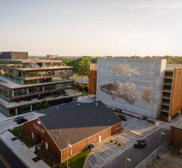 An aerial photo of Ledger's parking garage featuring two enormous sparkly fish