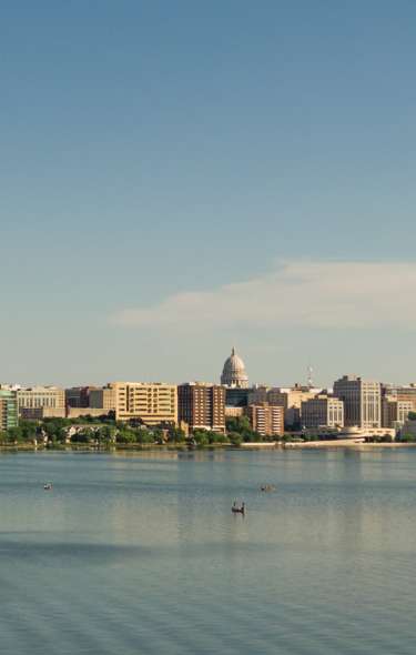 Panoramic shot of the Madison skyline from Lake Monona