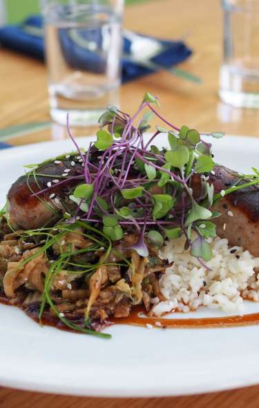 A gourmet plated meal featuring a pile of rice and sauteed onions with a bratwurst on top garnished with microgreens.