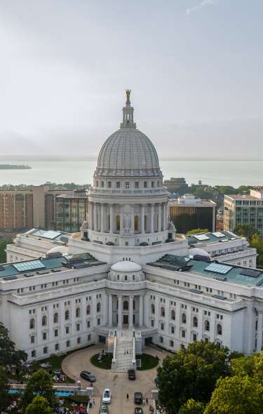 An aerial view of the Wisconsin State Capitol