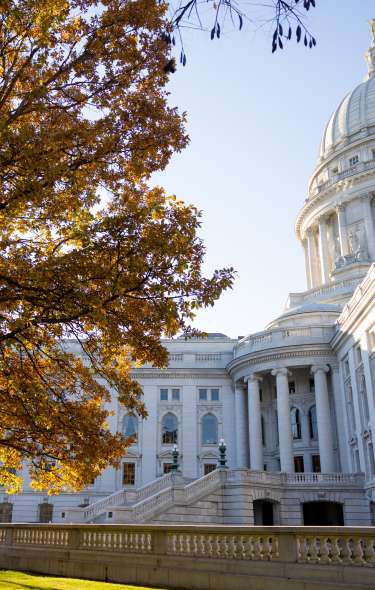 Exterior shot of the Wisconsin State Capitol building with a tree in front full of fall colored leaves.