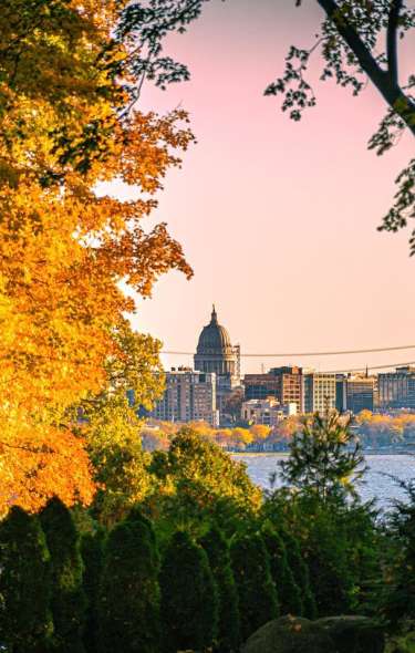 A view of the Madison skyline and Capitol from afar between trees with changing Fall colors. The sky is at sunset.