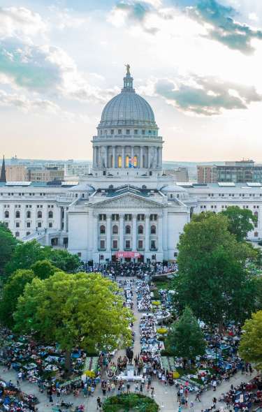 An aerial view straight on of the Wisconsin State Capitol