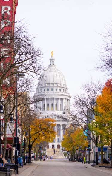 A view of the Capitol building from State Street with Fall leaves and trees lined along the street