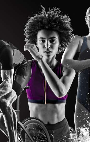 Three images side by side. A biker, a runner and a swimmer who has running out of the water. A splash of water is in the bottom right hand corner.