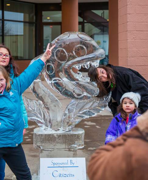 People posing for pics in front of sculptures at the Clarks Summit Festival of Ice