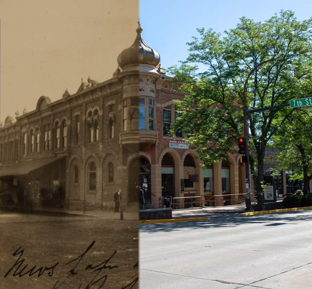 A split-view photo of the Buell Building in downtown Rapid City. The left third of the photo shows a yellowed historic photo of the building circa 1920s, while the right two thirds is a modern day view, complete with street lights, cars parked along the street, and mature green trees.