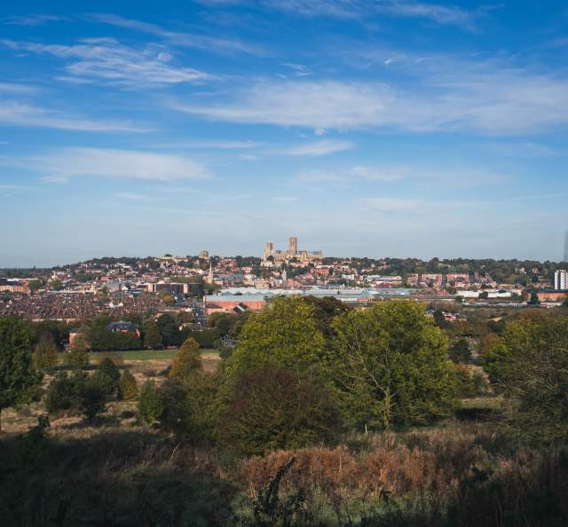 Landscape of south common with trees and rural housing with Lincoln Cathedral in distance