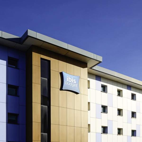 Photograph showing the outside of the Ibis Budget hotel in Portsmouth near Fratton Park