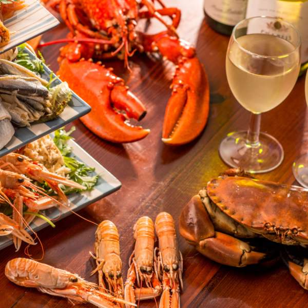 Seafood displayed on a table including Bridlington Bay lobster and crab