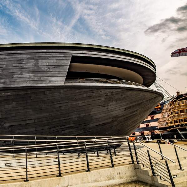 The exterior of the Mary Rose Museum at Portsmouth Historic Dockyard