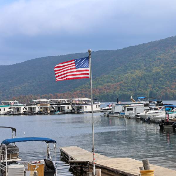 American flag waving in the breeze at Seven Points Marina