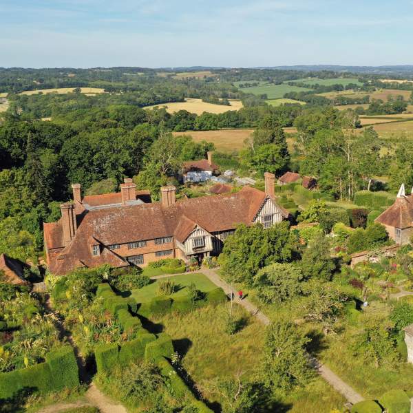 Aerial view of house and gardens at Great Dixter