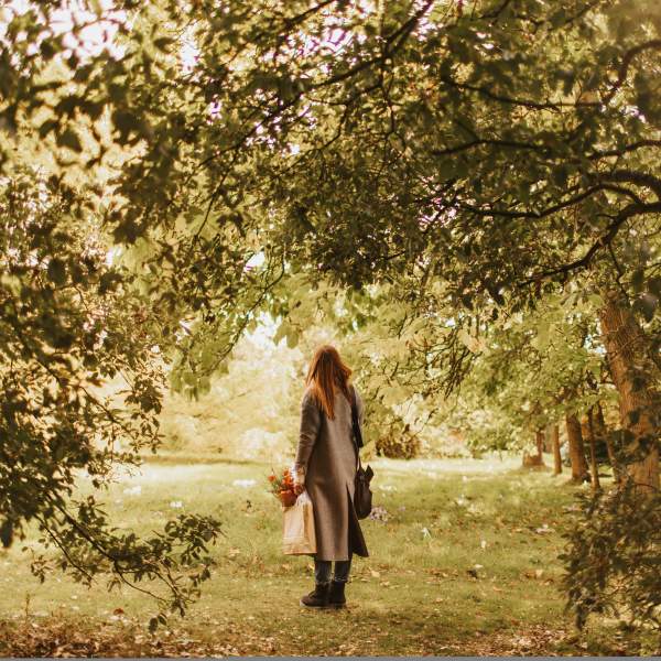 A woman surrounded by trees, looks up at the autumn leaves