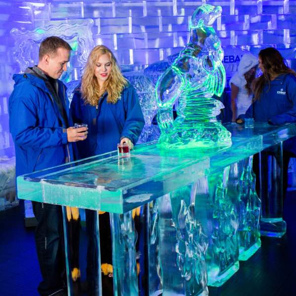 A couple enjoys drinks at ICEBAR Orlando with ice sculptures. They wear blue parkas to stay warm, creating a fun and lively scene.