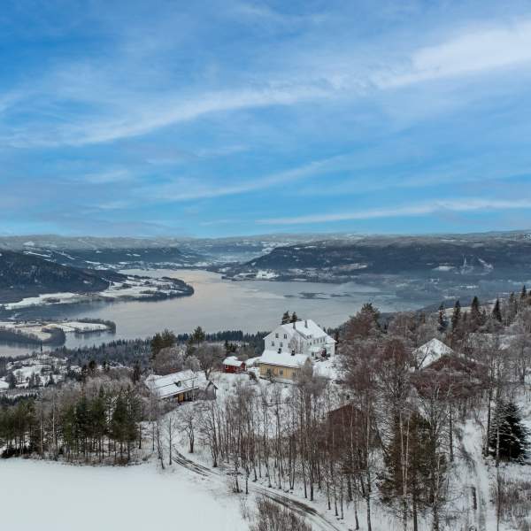 Drone photo of Granum farm and lake Randsfjorden