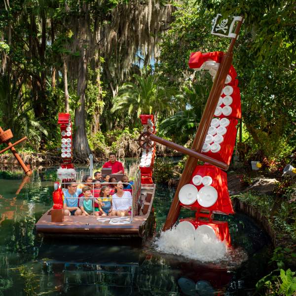 A group on a boat at Pirate River Quest at LEGOLAND Florida Resort