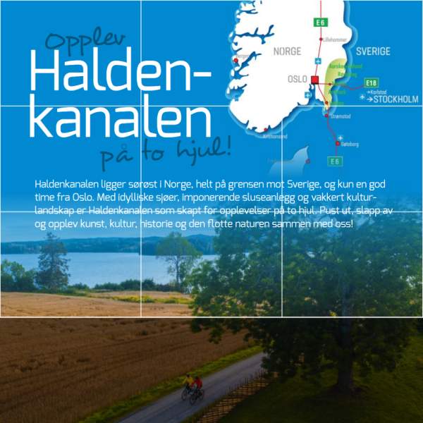 Forsiden til Haldenkanalens sykkelbrosjyre: Opplev Haldenkanalen på to hjul