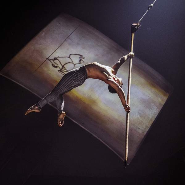 Aerial pencil performer at Drawn to Life by Cirque du Soleil & Disney