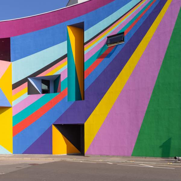 External view of Towner Gallery with colourful striped paintwork