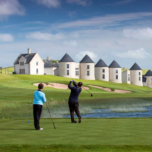 Golfers teeing off at the Lough Erne Resort in Enniskillen, County Fermanagh.