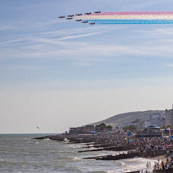 Red arrows fly over Eastbourne seafront at the Airbourne festival