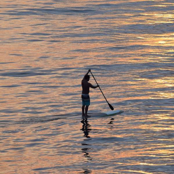A paddleboarder out on open water