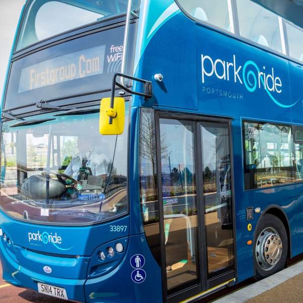 One of the Park and Ride Portsmouth buses ready to pick up passengers