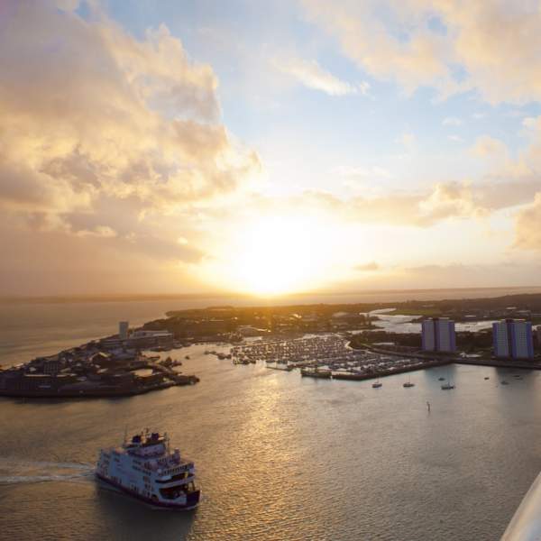 Photograph showing the view out across Portsmouth Harbour to Gosport through the struts of the Spinnaker Tower