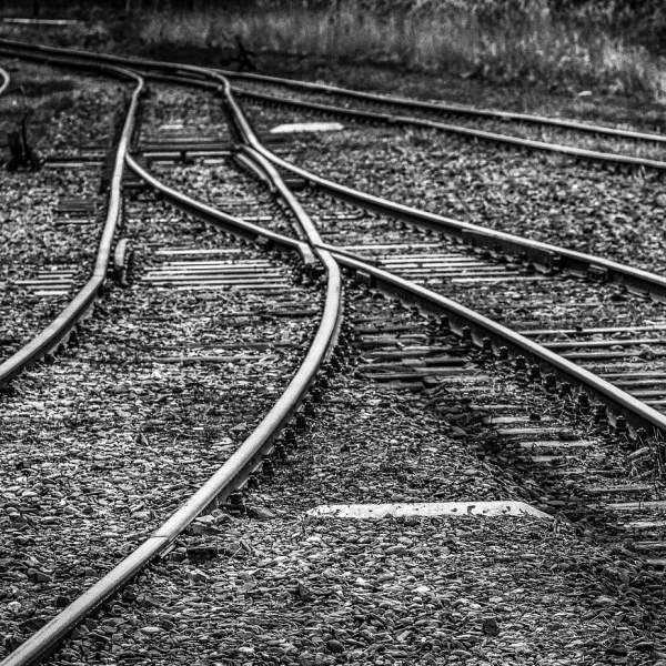 Black and white photograph of railway tracks