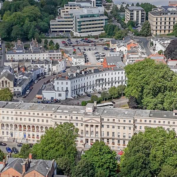 Aerial view of the Municipal Offices in Cheltenham and surrounding areas of the town.