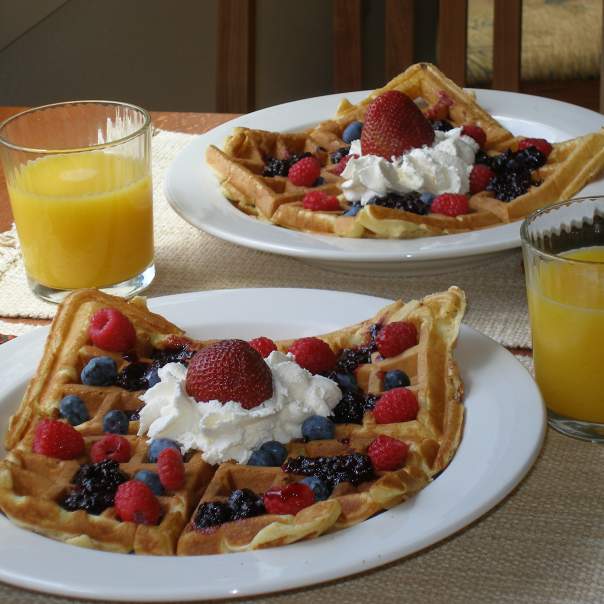 Two waffles with fresh blueberries, raspberries, strawberries and whipped cream on the table with two glasses of orange juice.