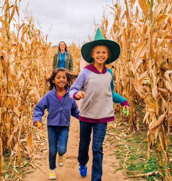 Two girls, once with witch hat, run through corn maze with mom in the background