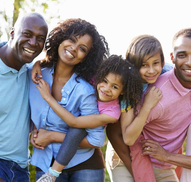 Family reunion, mom and dad with adult children and grandchildren