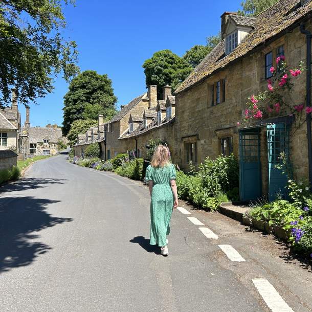 A woman walking away from the camera in Snowshill