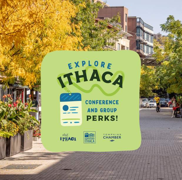 Explore Ithaca graphic over downtown image