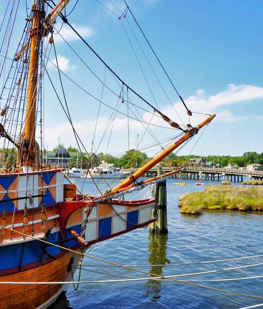 The Elizabeth II is a replica ship docked in Shallowbag Bay on Roanoke Island, North Carolina.