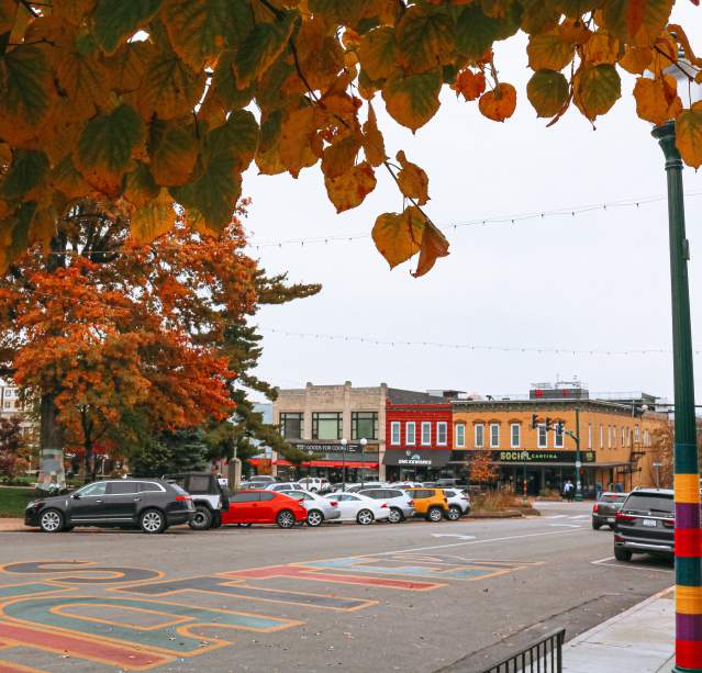 A view of the downtown square during fall