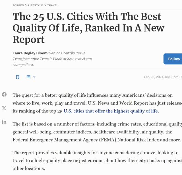 Forbes 25 Cities Best Quality of Life
