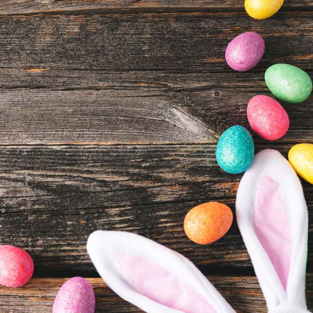 Easter eggs on floor with rabbit ears
