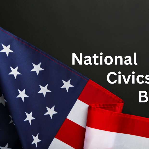 American Flag with beside text "National Civics Bee"