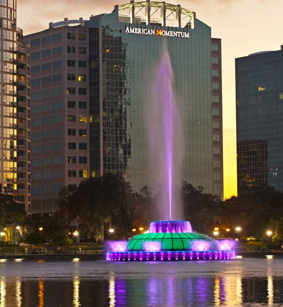 Fountain at Lake Eola in downtown Orlando at dusk